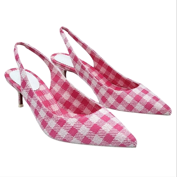 Christian Louboutin Kate Sling 55 Pointed Toe Slingback Pumps Pink Gingham 36.5 - Picture 1 of 15